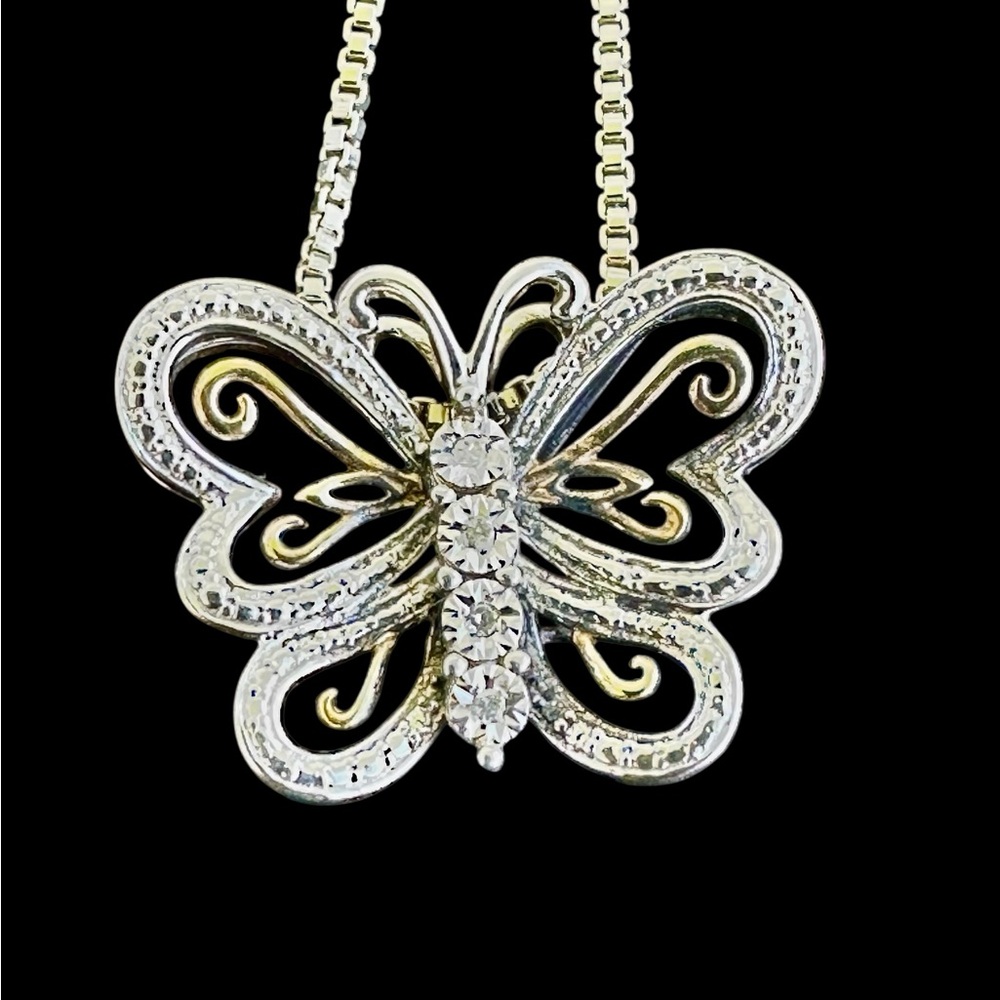Sterling Silver Genuine Diamond Two-tone Filigree Butterfly Pendant 18"